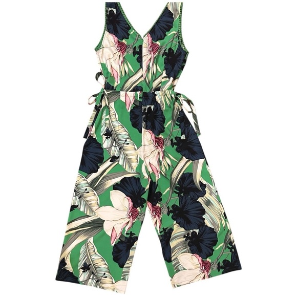Elegant Floral Green Jumpsuit Tropical Flowers Crop Wide Leg Sleeveless Size 6 - Picture 7 of 10